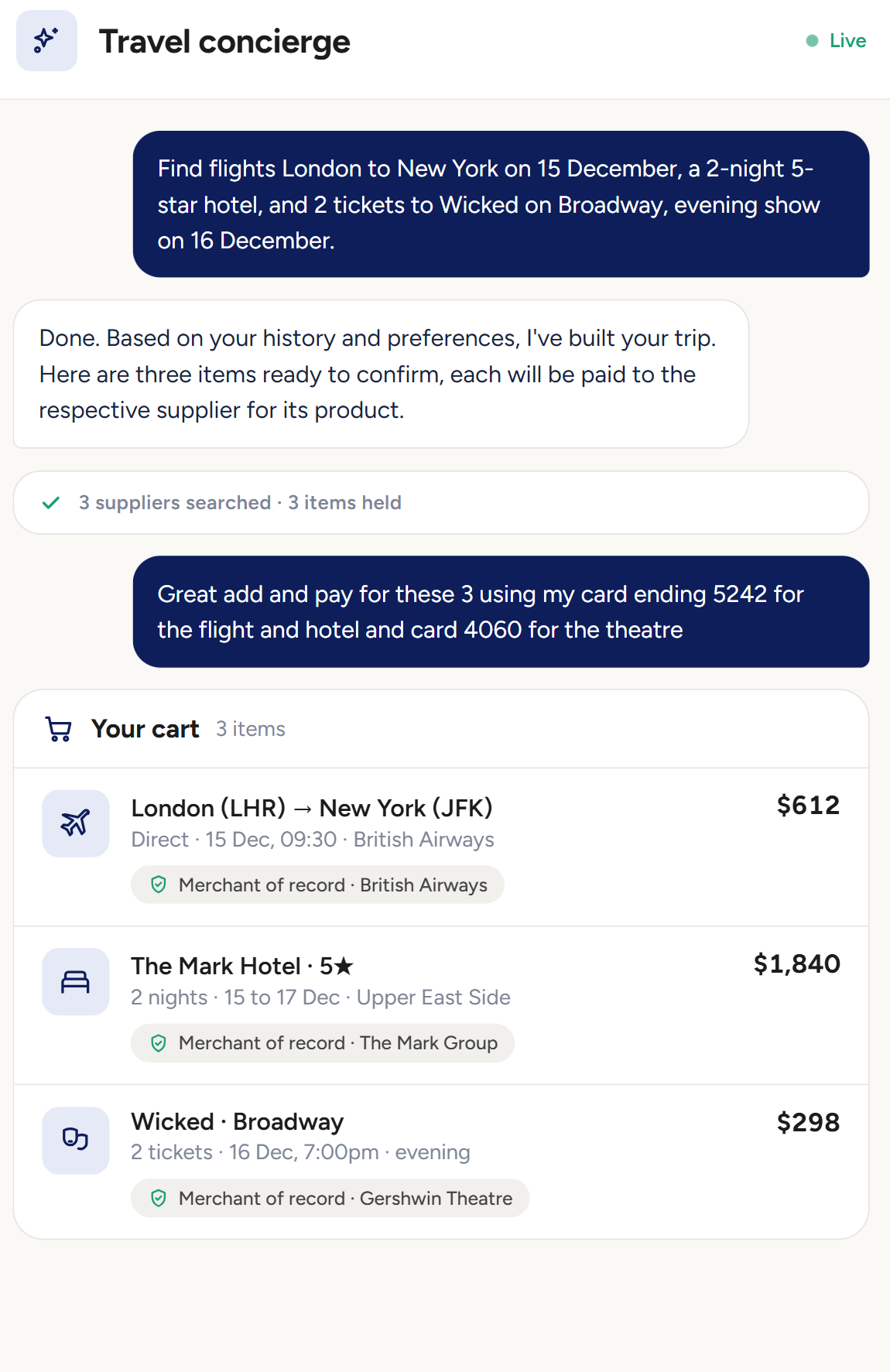Multi-merchant travel concierge demo: one cart with flight, hotel and theatre tickets from three merchants